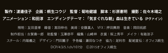 製作：渡邉佳子　企画：桐生コウジ　監督：菊地健雄　脚本：杉原憲明　撮影：佐々木靖之　アニメーション：和田淳　エンディングテーマ：「気まぐれな朝」森は生きている（Pヴァイン）　照明：友田直孝　録音：髙田伸也　美術：安藤真人　VFX：押田興将　音楽：岡田拓郎　制作担当：古賀奏一郎　助監督：玉澤恭平　編集：山崎梓　衣裳：阪上秀平　メイク：有路涼子　スチール：内堀義之　デザイン：門田麗子　予告編：瀬田なつき　協力：足利市　配給宣伝：オフィス桐生　DCP/4:3/5.1ch/107分　ⓒ2015オフィス桐生